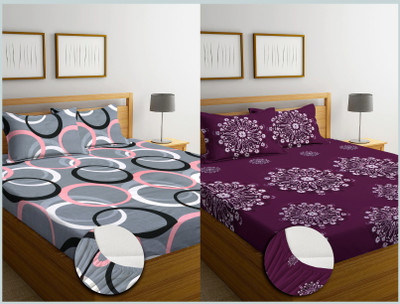 KURRY HOME FURNISHING Cotton Double Fitted (Elastic) 210 TC Abstract 2 Bedsheets with 4 Pillow Covers(Multicolor)