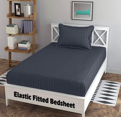 REDROME Cotton Single Fitted (Elastic) 300 TC Striped Bedsheet(Pack of 1, Dark Grey)