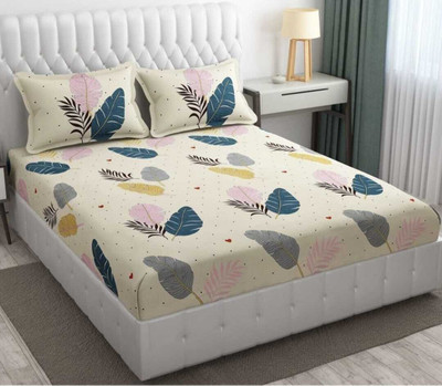 COZY QUEEN Cotton Queen Fitted (Elastic) 280 TC Floral Bedsheet(Pack of 1, White)
