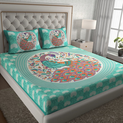 ABHACLOTHO Cotton Double Flat 144 TC Printed Bedsheet(Pack of 1, Green)