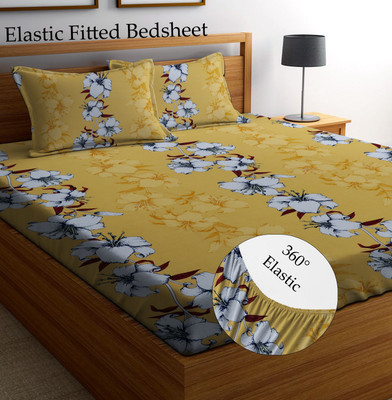 Amrange 250 TC Cotton Double 3D Printed Fitted (Elastic) Bedsheet(Pack of 1, Yellow)