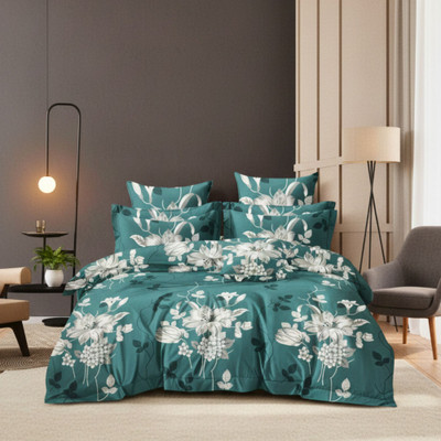SOFTWEAVE Cotton Queen Flat 300 TC Floral Bedsheet(Pack of 1, teal-green)