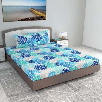 Divine Casa Cotton King Flat 144 TC Floral Bedsheet(Pack of 1, Galaxy Blue)