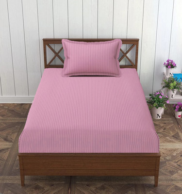 roman Cotton Single Flat 300 TC Striped Bedsheet(Pack of 1, BABY PINK)