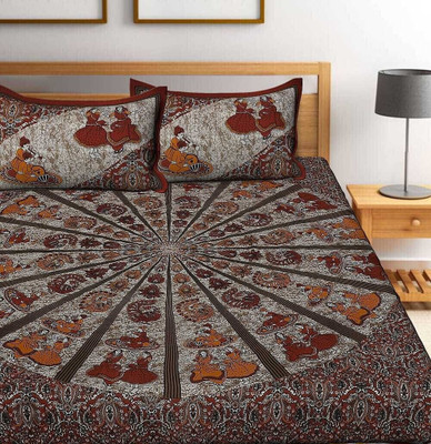 Yash textiles Cotton Double Flat 144 TC Jaipuri Prints Bedsheet(Pack of 1, Orange)