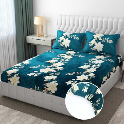 jinwal Velvet, Woolen King Fitted (Elastic) 240 TC Floral Bedsheet(Pack of 1, Green - Flano Super Soft Fitted Bedsheet)