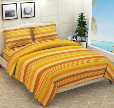 SPSON'S HANDLOOM 210 TC Cotton King Striped Flat Bedsheet(Pack of 1, Yellow)