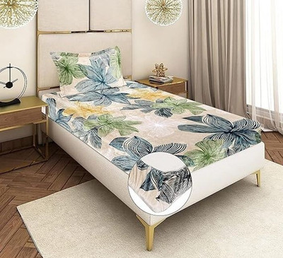 SHOPHOX Woolen Single Fitted (Elastic) 300 TC Abstract Bedsheet(Pack of 1, Peach, Green)