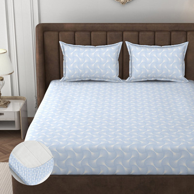 HIDECOR 280 TC Microfiber Double, King Self Design Fitted (Elastic) Bedsheet(Pack of 1, Blue)