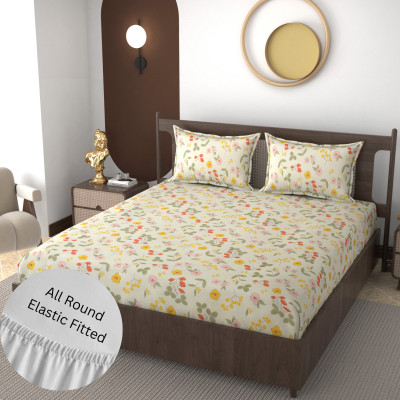 HUESPACE Cotton, Microfiber Queen Fitted (Elastic) 330 TC Printed Bedsheet(Pack of 1, Multicolor)