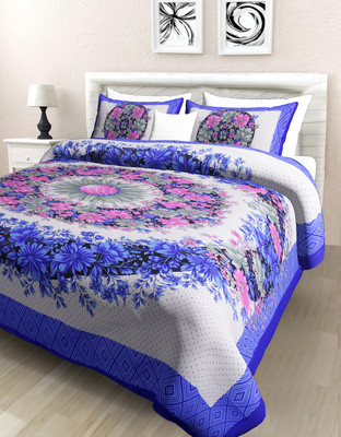 Poorak 104 TC Cotton Double Jaipuri Prints Flat Bedsheet(Pack of 1, Blue)