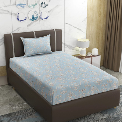 TIRKUTA 200 TC Cotton Single Printed Fitted (Elastic) Bedsheet(Pack of 1, Light Blue)
