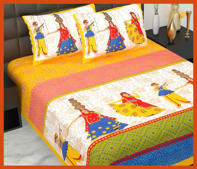 JAIPUR PRINTS Cotton Double Flat 230 TC Jaipuri Prints Bedsheet(Pack of 1, Yellow)