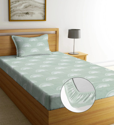 Moonroof Cotton Single Fitted (Elastic) 244 TC Printed Bedsheet(Pack of 1, Green, White_Sunflower)