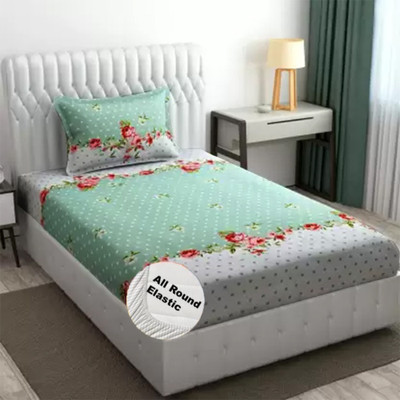 Nt@ub 190 TC Cotton Single Printed Fitted (Elastic) Bedsheet(Pack of 1, Teal White)