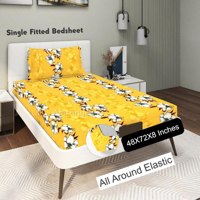 Amrange 190 TC Cotton Single Floral Fitted (Elastic) Bedsheet(Pack of 1, Yellow)