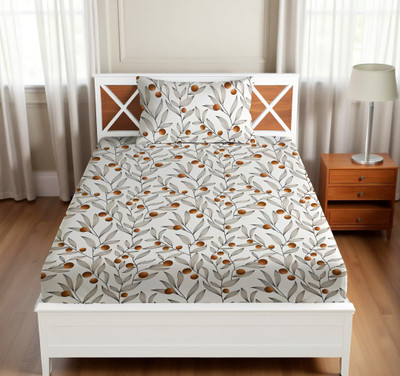 Vishal international Cotton Single Flat 220 TC Floral Bedsheet(Pack of 1, White Brown)
