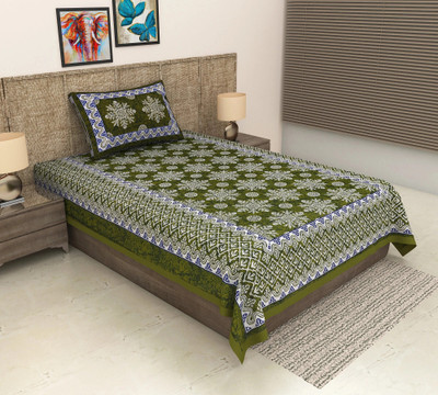 METRO LIVING Cotton Single Flat 144 TC Jaipuri Prints Bedsheet(Pack of 1, Green)