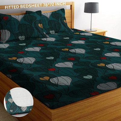 SHOPDEK Microfiber Double, King Fitted (Elastic) 220 TC Floral Bedsheet(Pack of 1, Green)