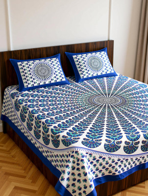 Jeevat Cotton Double Jaipuri Prints Bedsheet(Pack of 1, Blue)