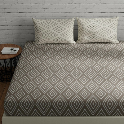 Huesland Cotton King Flat 144 TC Geometric Bedsheet(Pack of 1, Taupe & White)