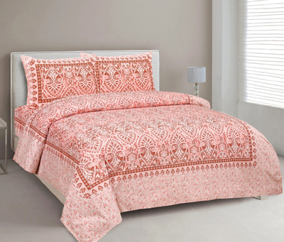 CLOTHOLOGY Cotton King Flat 240 TC Jaipuri Prints Bedsheet(Pack of 1, PEACH,WHITE)