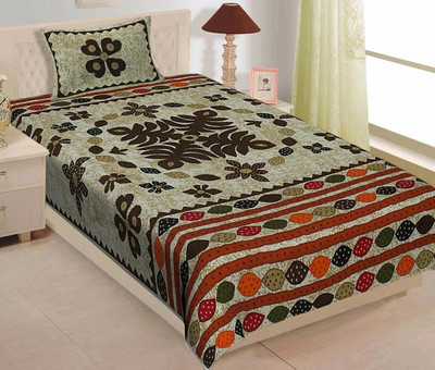 Rajasthani Traditional Cotton Single Flat 300 TC Jaipuri Prints Bedsheet(Pack of 1, Grey)