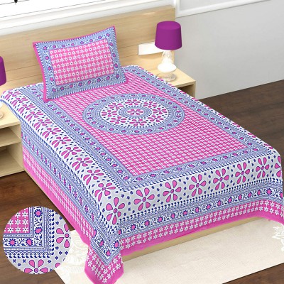 JaypurTextile 151 TC Cotton Single Jaipuri Prints Flat Bedsheet(Pack of 1, Pink)