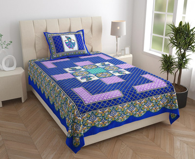 KOUNDAL Cotton Single Flat 144 TC Jaipuri Prints Bedsheet(Pack of 1, Blue)