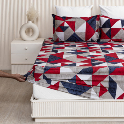 HOMEMONDE 210 TC Cotton Double Printed Fitted (Elastic) Bedsheet(Pack of 1, Red & Grey)