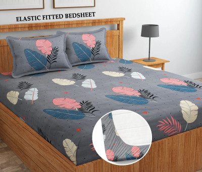 Moonroof Cotton King Fitted (Elastic) 255 TC Printed Bedsheet(Pack of 1, Grey Pankh)