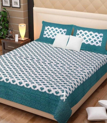 Namokar Cotton King Flat 144 TC Printed Bedsheet(Pack of 1, White, Light Blue)