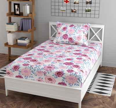 TIRKUTA 200 TC Cotton Single Printed Fitted (Elastic) Bedsheet(Pack of 1, Pink Flower)
