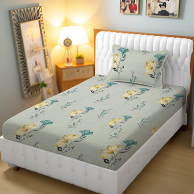 BharatLinen Polyester Single Flat 144 TC Jaipuri Prints Bedsheet(Pack of 1, Light Green)