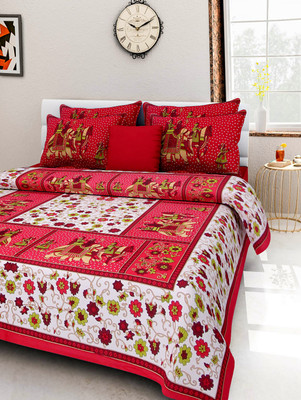 E ELMA Cotton Double Flat 250 TC Abstract Bedsheet(Pack of 1, Red)