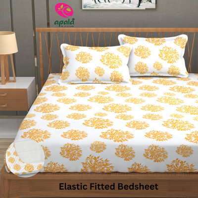 Apala 280 TC Microfiber King Printed Fitted (Elastic) Bedsheet(Pack of 1, White (Yellow Print))