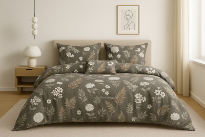 Amrange Cotton King Flat 190 TC Floral Bedsheet(Pack of 1, Grey)