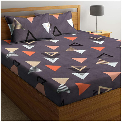 t tungol 210 TC Cotton King Geometric Fitted (Elastic) Bedsheet(Pack of 1, Coffee)