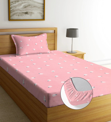 Moonroof Cotton Single Fitted (Elastic) 244 TC Printed Bedsheet(Pack of 1, Pink Flower)
