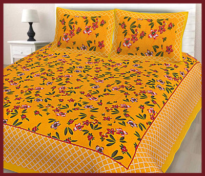 JAIPUR PRINTS Cotton Double Flat 144 TC Jaipuri Prints Bedsheet(Pack of 1, Yellow)