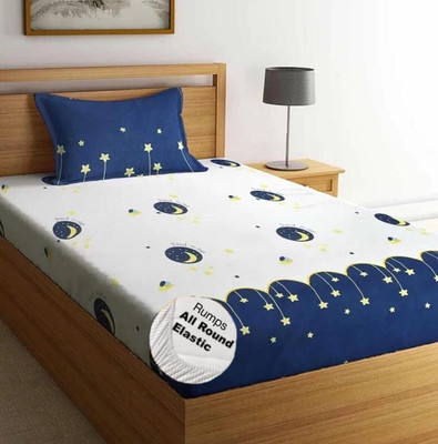 Rumps 350 TC Cotton Single Printed Fitted (Elastic) Bedsheet(Pack of 1, NEW WHITE STRI)