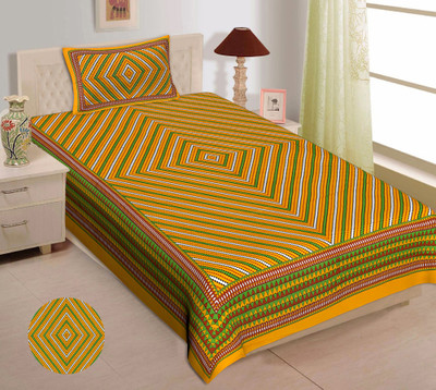 Home@shop Cotton Single Flat 144 TC Jaipuri Prints Bedsheet(Pack of 1, Yellow)