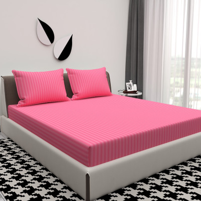 rivek Satin Double Flat 240 TC Striped Bedsheet(Pack of 1, Green)