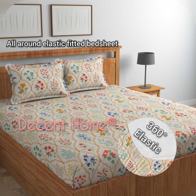 Decent Home 240 TC Cotton Double Floral Fitted (Elastic) Bedsheet(Pack of 1, Cream)