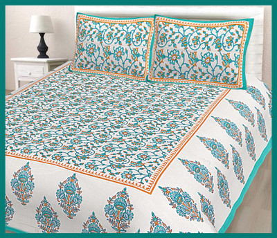 BedZone Cotton Double Flat 240 TC Jaipuri Prints Bedsheet(Pack of 1, Sky)
