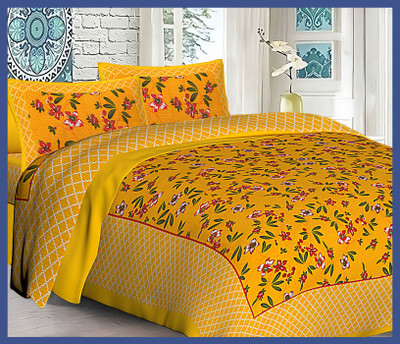 BedZone Cotton Double Flat 240 TC Jaipuri Prints Bedsheet(Pack of 1, Yellow)