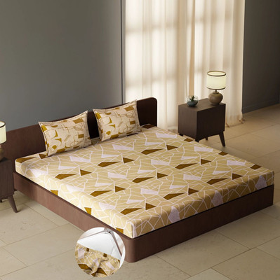 CARLTON LONDON 144 TC Cotton Queen Geometric Fitted (Elastic) Bedsheet(Pack of 1, Multicolor41)