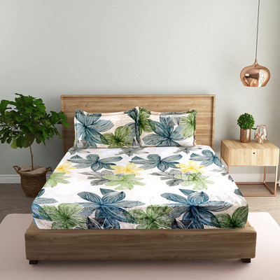 RIBUGROUP Velvet Double Fitted (Elastic) 250 TC Floral Bedsheet(Pack of 1, Green)