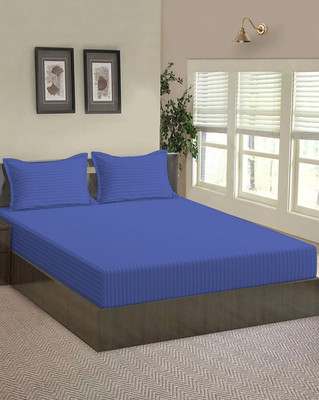 Jaipurlinen Cotton Single Fitted (Elastic) 220 TC Striped Bedsheet(Pack of 1, Royal Blue)