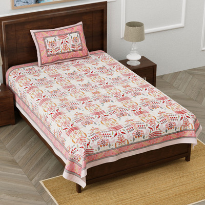 GrihSansaar Cotton Single Flat 210 TC Jaipuri Prints Bedsheet(Pack of 1, Pink)